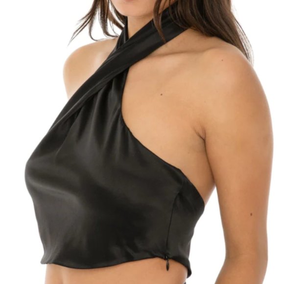 NWT ARE YOU AM I ILTA BLACK SILK HALTER CROP TOP - Picture 1 of 2